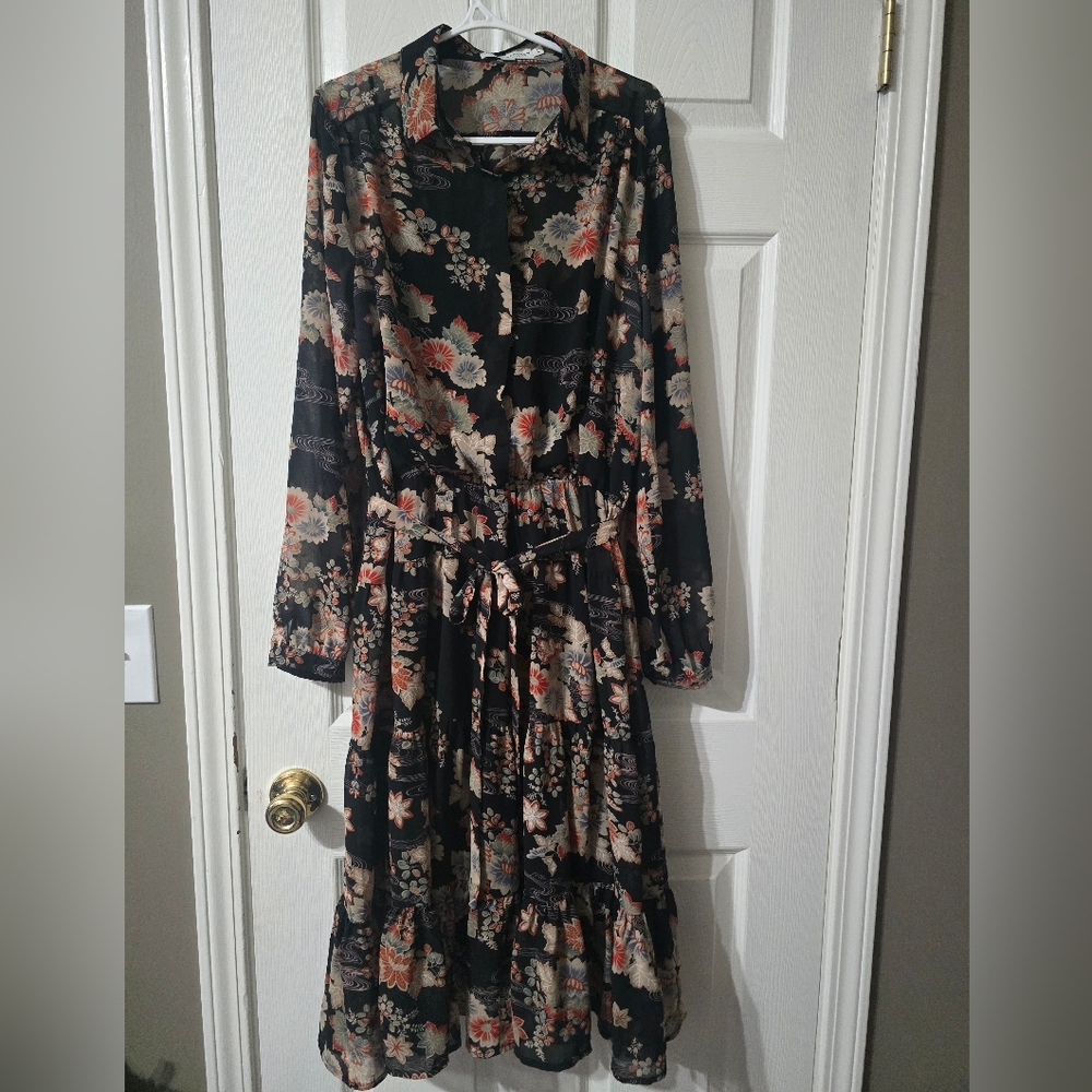 Molly Bracken Floral Print Ruffle Hem Midi Shirt Dress, Stretch Waist, EUC! - Picture 2 of 16